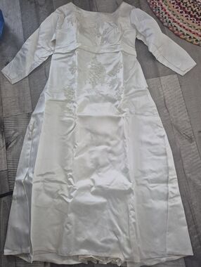 Vintage 50s/60s Wedding Dress + Veil Ivory Satin Embroidered Lace Beaded L/XL